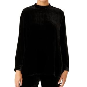 Eileen Fisher NWT Black Velvet Mock Neck Long Sleeve Tunic Top Size XS Silk